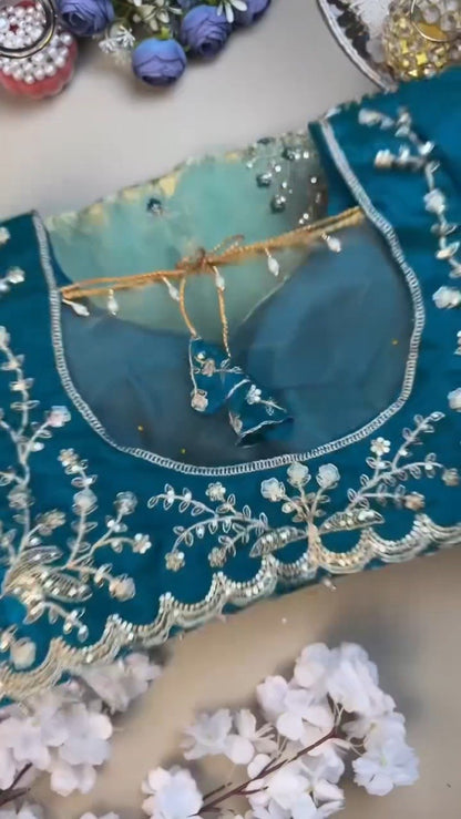 Midnight Teal & Aqua Azure Designer Blouse and Saree Set – Available in Midnight Teal & Aqua Azure