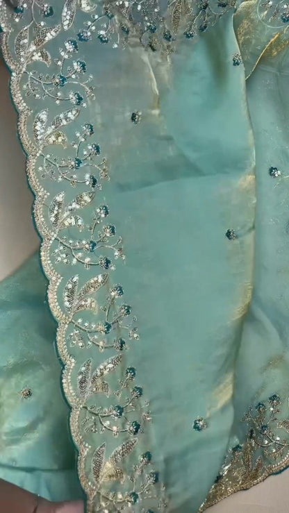 Midnight Teal & Aqua Azure Designer Blouse and Saree Set – Available in Midnight Teal & Aqua Azure