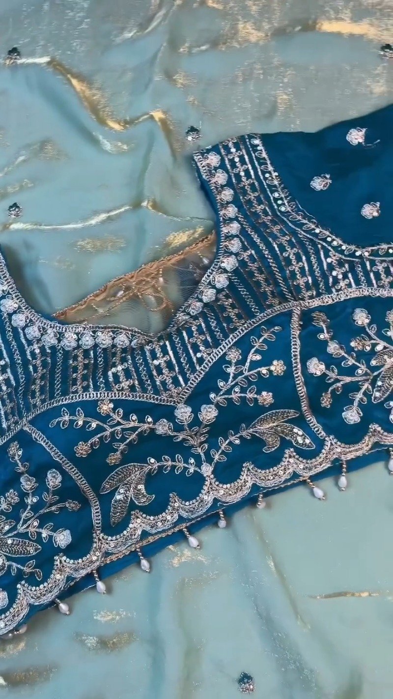 Midnight Teal & Aqua Azure Designer Blouse and Saree Set – Available in Midnight Teal & Aqua Azure