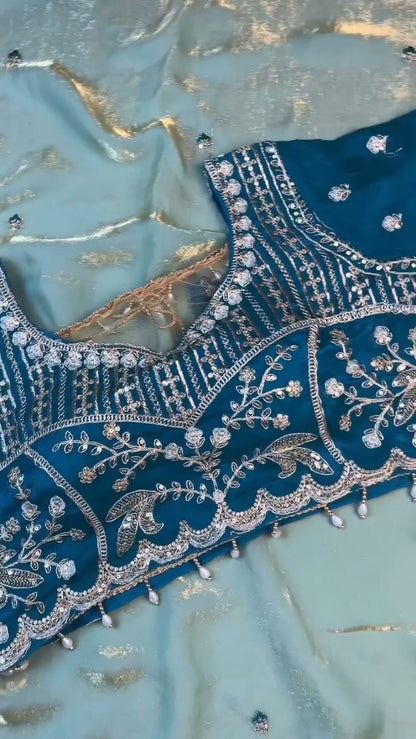 Midnight Teal & Aqua Azure Designer Blouse and Saree Set – Available in Midnight Teal & Aqua Azure