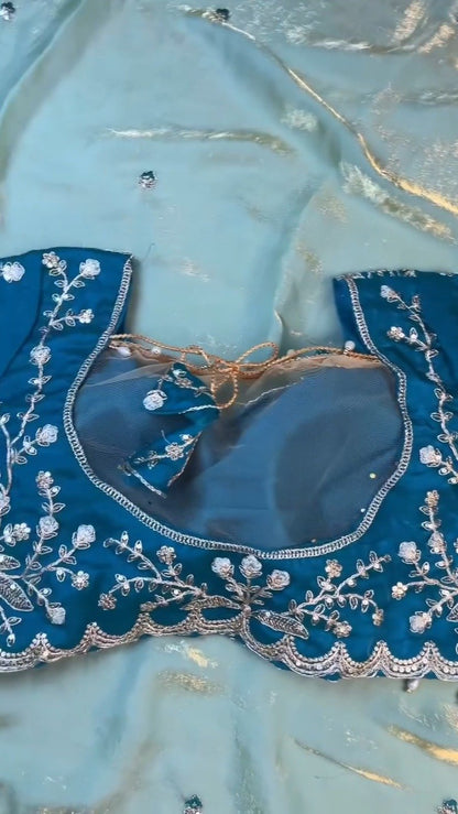 Midnight Teal & Aqua Azure Designer Blouse and Saree Set – Available in Midnight Teal & Aqua Azure