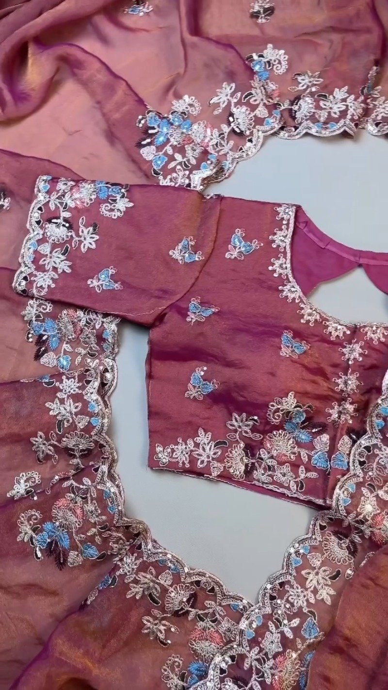 Enchanting Mulberry Silk Saree with Intricate Floral Resham Embroidery – Available in Royal Plum & Warm Terracotta