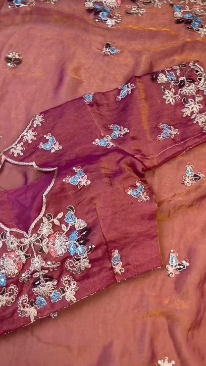 Enchanting Mulberry Silk Saree with Intricate Floral Resham Embroidery – Available in Royal Plum & Warm Terracotta
