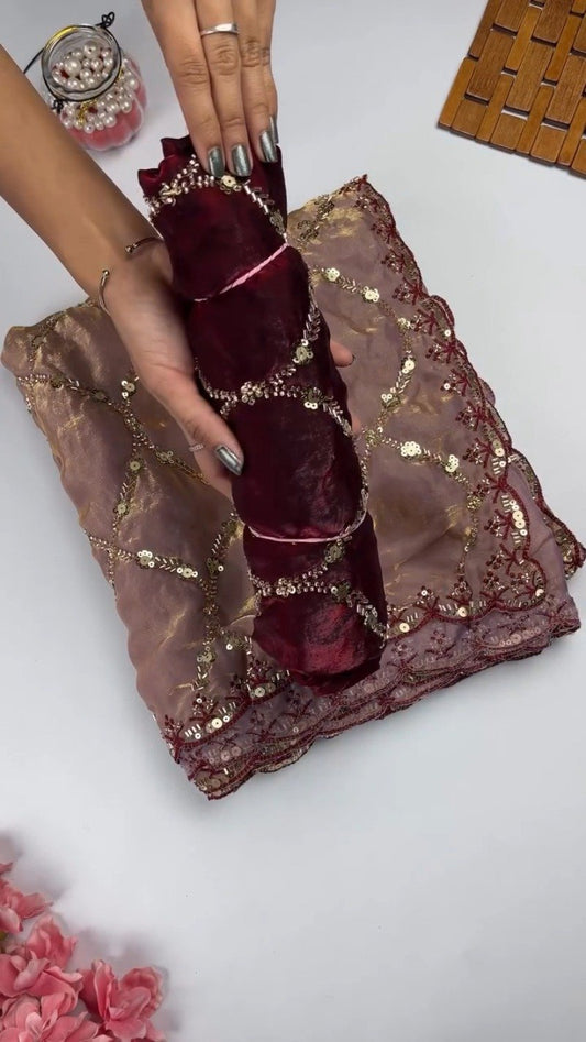 Embroidered Velvet & Organza Co-ord Set with Sequin Detailing – Available in Maroon & Dusty Pink