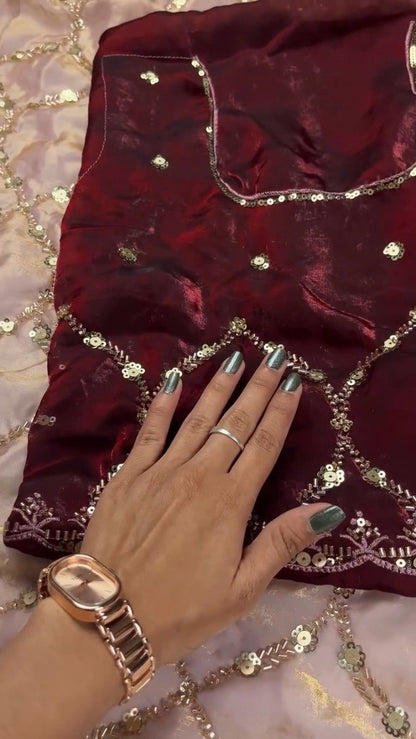 Embroidered Velvet & Organza Co-ord Set with Sequin Detailing – Available in Maroon & Dusty Pink