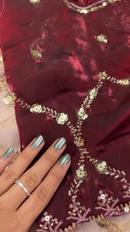 Embroidered Velvet & Organza Co-ord Set with Sequin Detailing – Available in Maroon & Dusty Pink