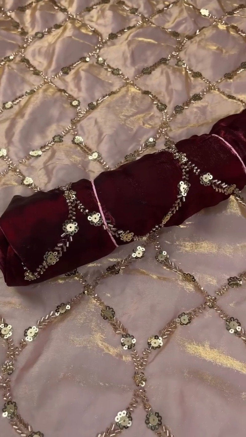 Embroidered Velvet & Organza Co-ord Set with Sequin Detailing – Available in Maroon & Dusty Pink