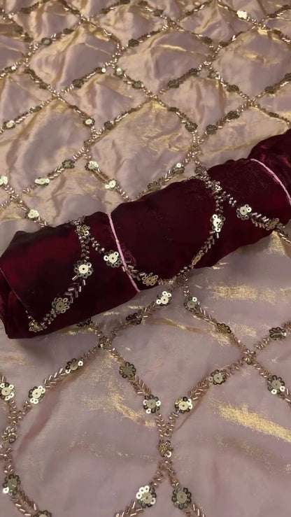 Embroidered Velvet & Organza Co-ord Set with Sequin Detailing – Available in Maroon & Dusty Pink