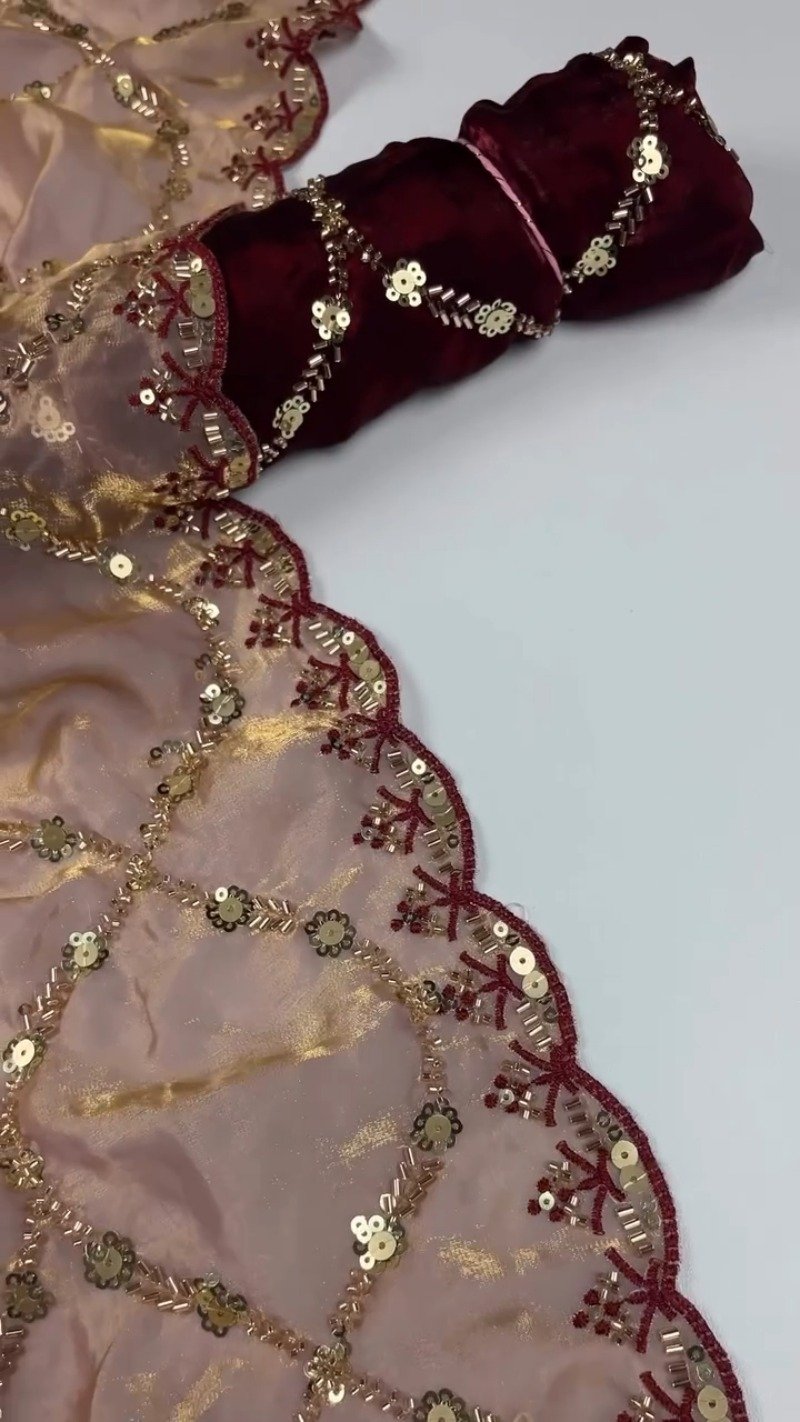 Embroidered Velvet & Organza Co-ord Set with Sequin Detailing – Available in Maroon & Dusty Pink