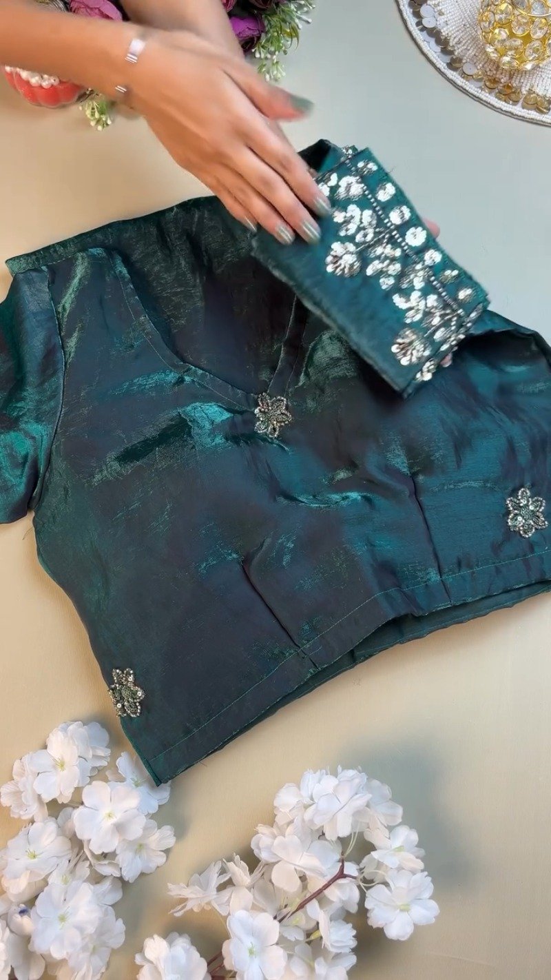 Enchanting Deep Teal Sequined Organza Saree & Blouse Ensemble