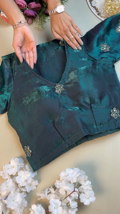 Enchanting Deep Teal Sequined Organza Saree & Blouse Ensemble