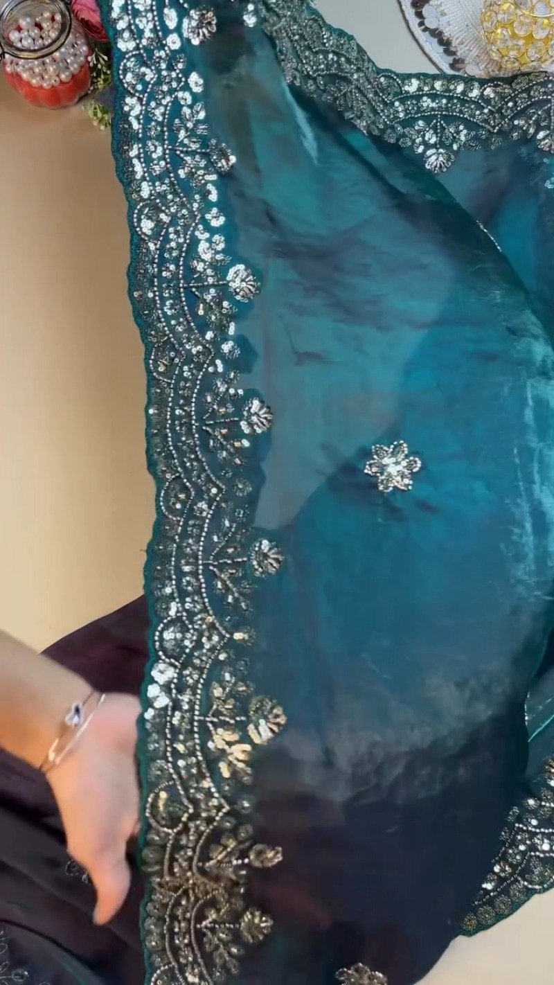 Enchanting Deep Teal Sequined Organza Saree & Blouse Ensemble