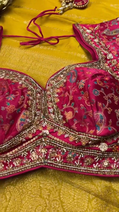 Opulent Hand-Embellished Silk Saree with Contrast Designer Blouse – Available in Mustard & Pink