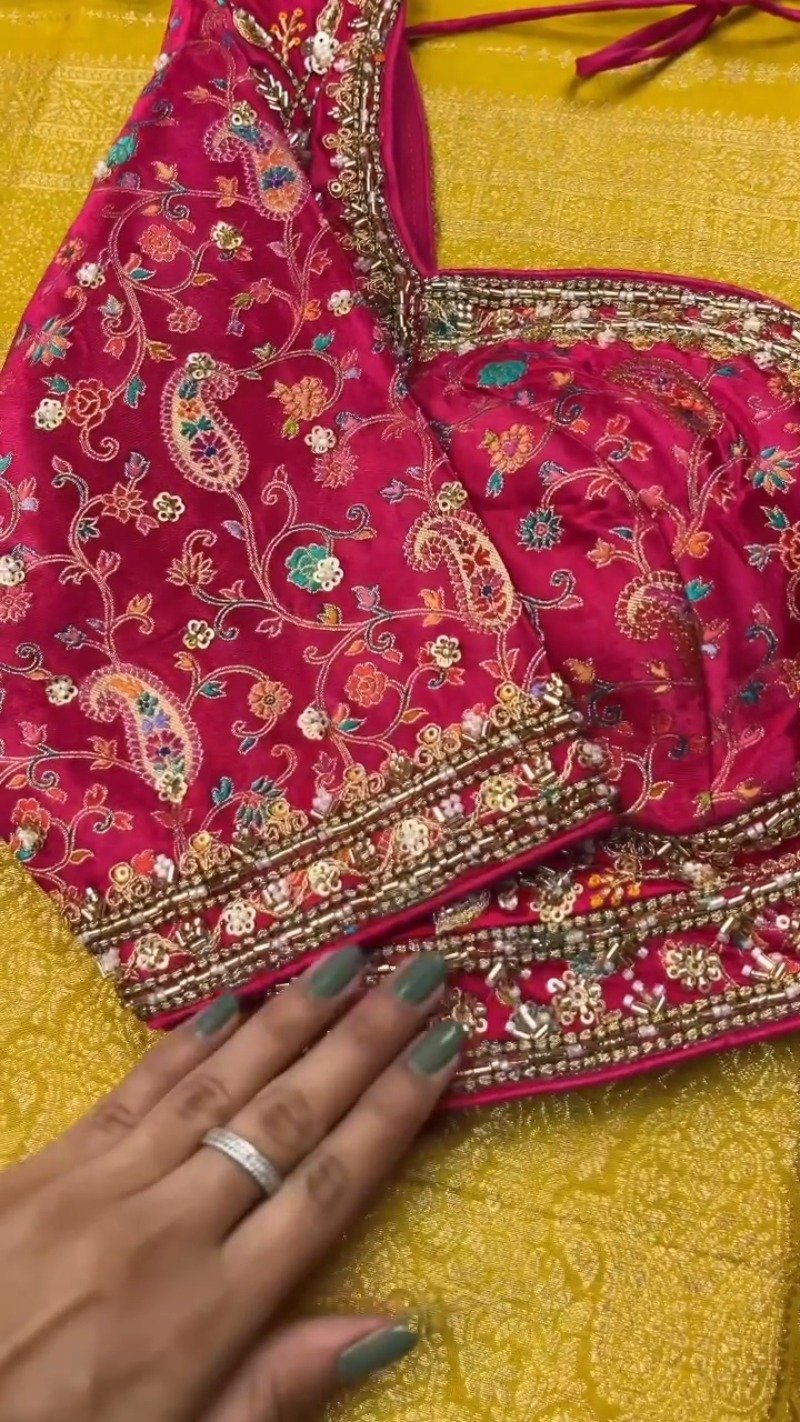 Opulent Hand-Embellished Silk Saree with Contrast Designer Blouse – Available in Mustard & Pink