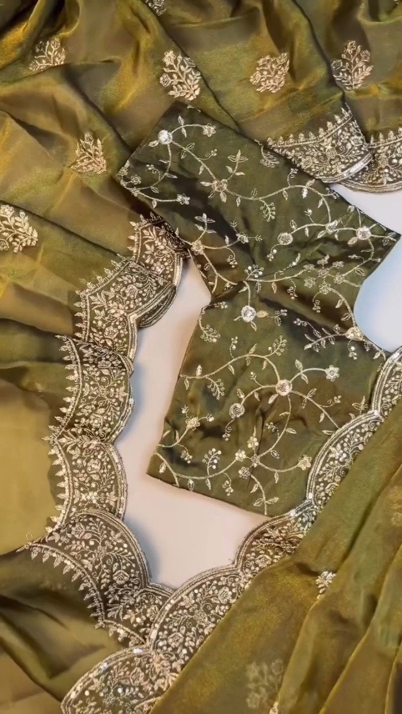 Olive Green Embroidered Organza Saree Set with Embellished Blouse
