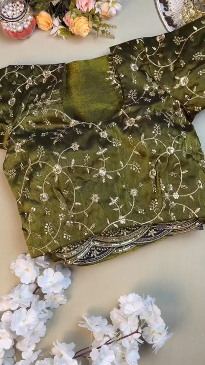 Olive Green Embroidered Organza Saree Set with Embellished Blouse