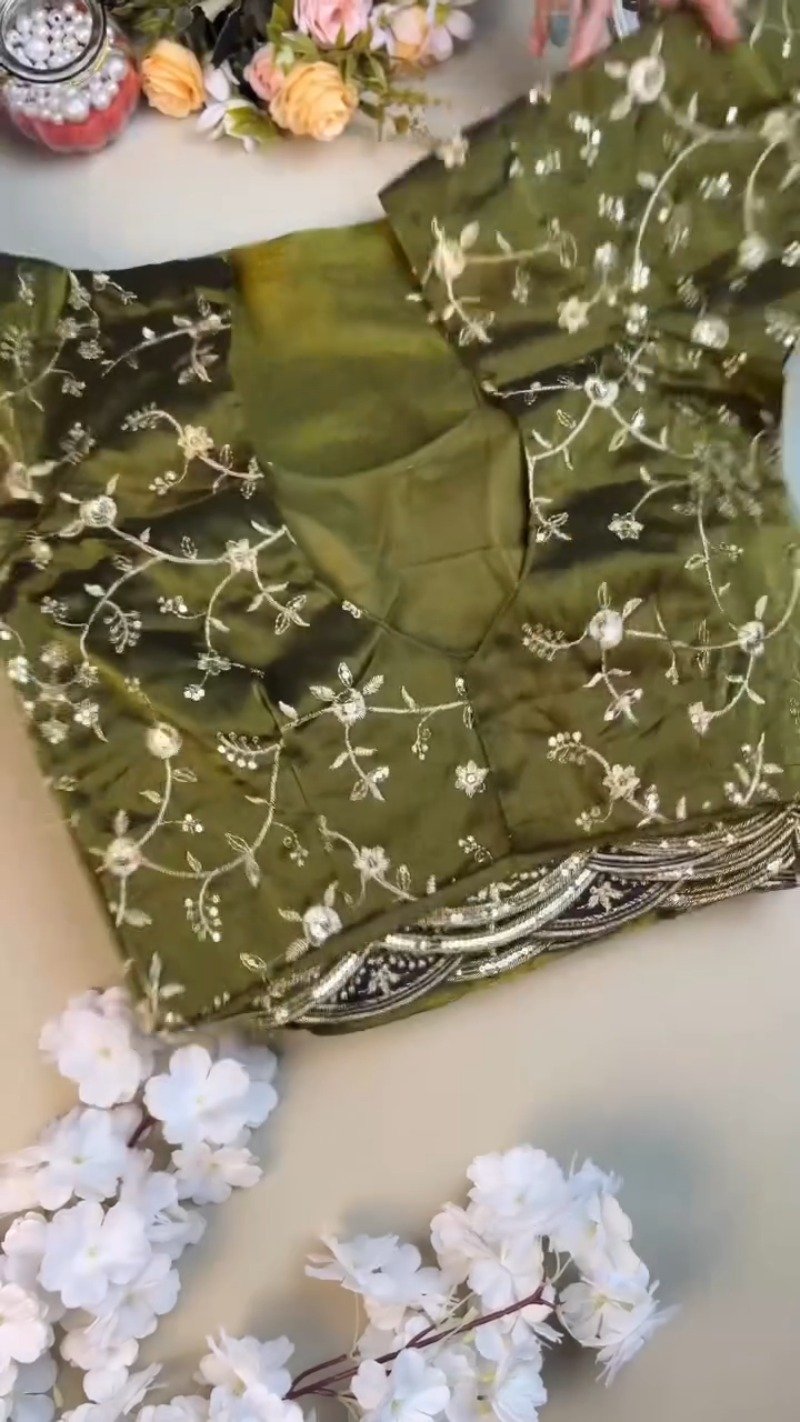 Olive Green Embroidered Organza Saree Set with Embellished Blouse