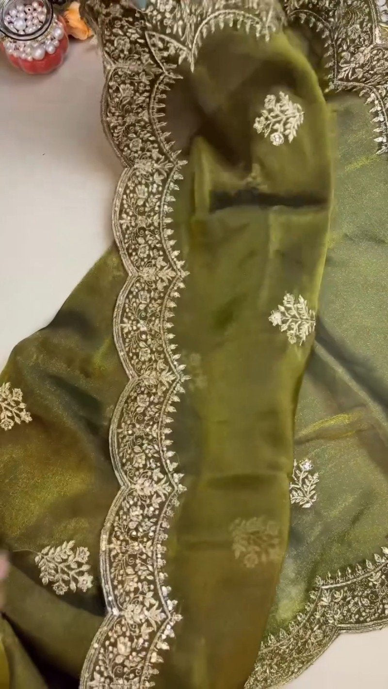 Olive Green Embroidered Organza Saree Set with Embellished Blouse