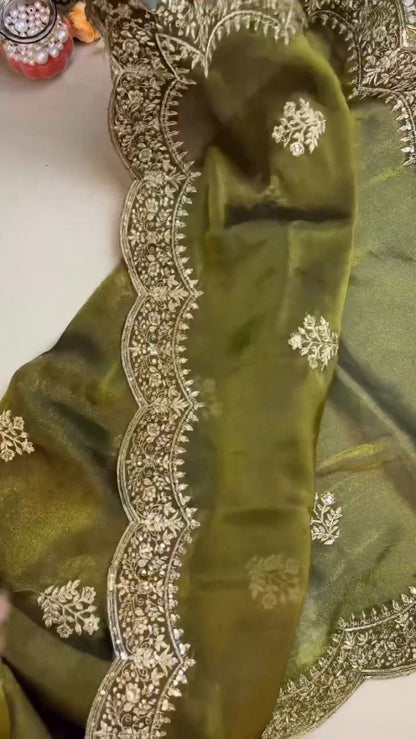 Olive Green Embroidered Organza Saree Set with Embellished Blouse