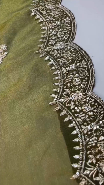 Olive Green Embroidered Organza Saree Set with Embellished Blouse