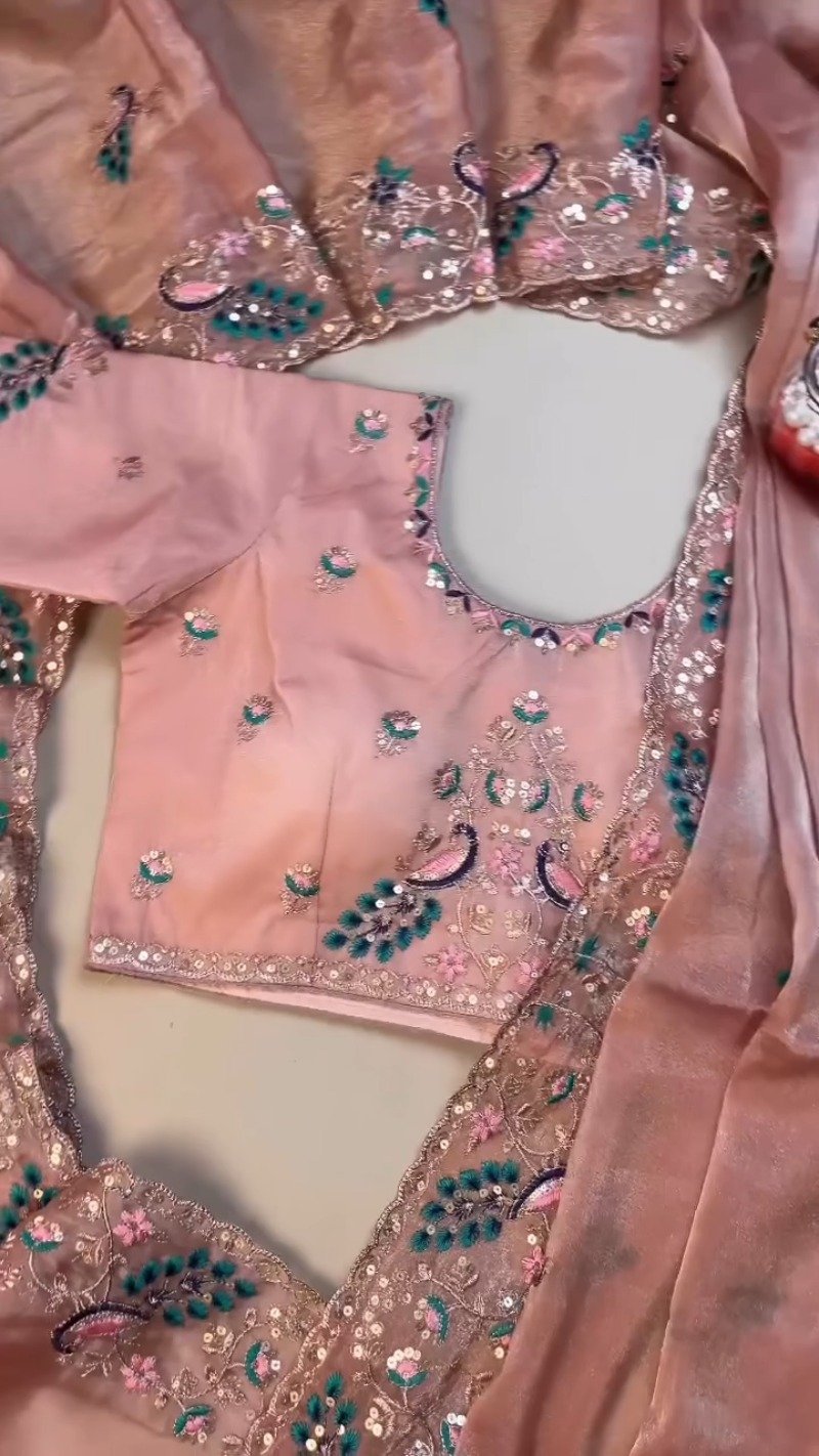 Peach Enchantment Peacock Embroidered Silk Saree & Blouse Set