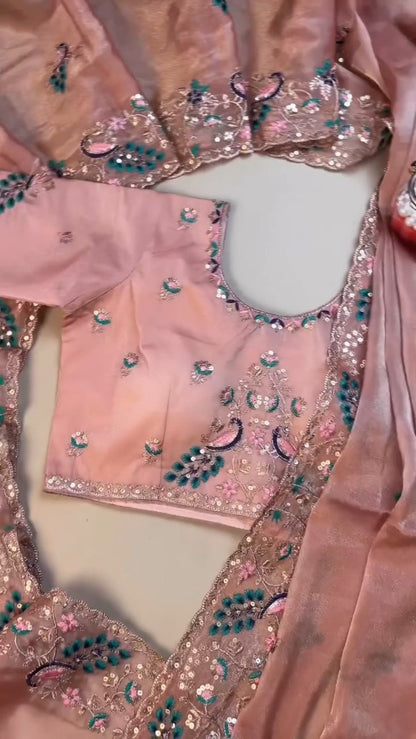 Peach Enchantment Peacock Embroidered Silk Saree & Blouse Set