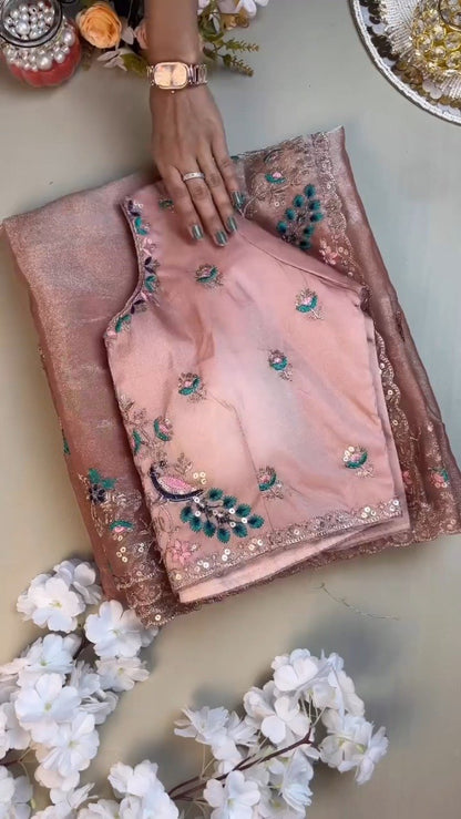 Peach Enchantment Peacock Embroidered Silk Saree & Blouse Set