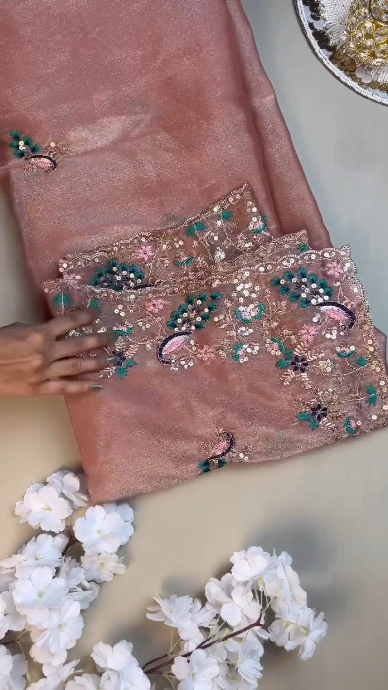 Peach Enchantment Peacock Embroidered Silk Saree & Blouse Set