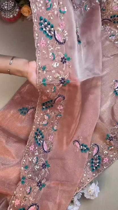 Peach Enchantment Peacock Embroidered Silk Saree & Blouse Set