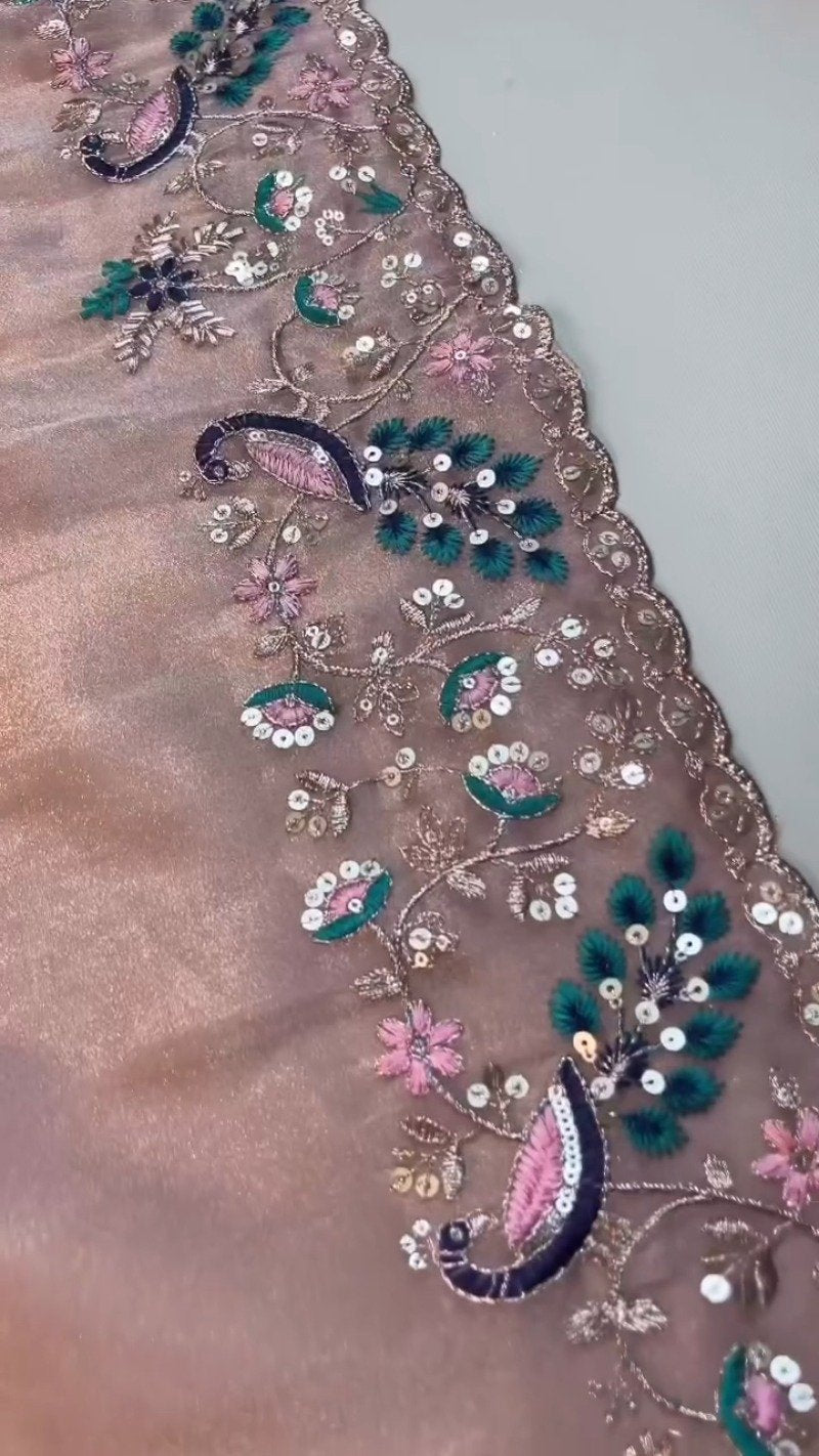 Peach Enchantment Peacock Embroidered Silk Saree & Blouse Set