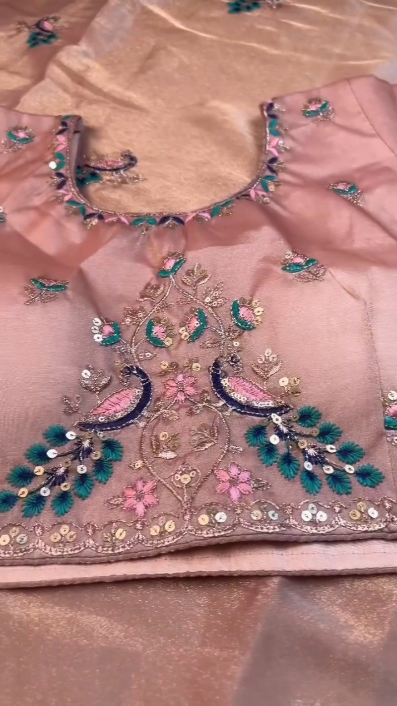 Peach Enchantment Peacock Embroidered Silk Saree & Blouse Set
