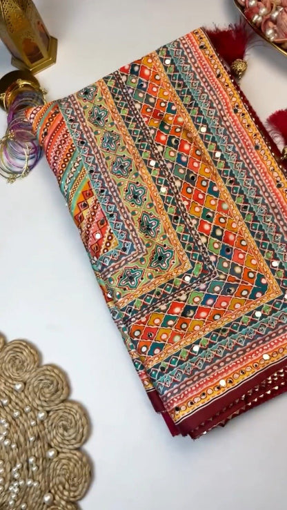 Bandhani-Inspired Mirror Work Ethnic Set with Pearl Embellishments – Available in Vibrant Multicolour & Deep Maroon