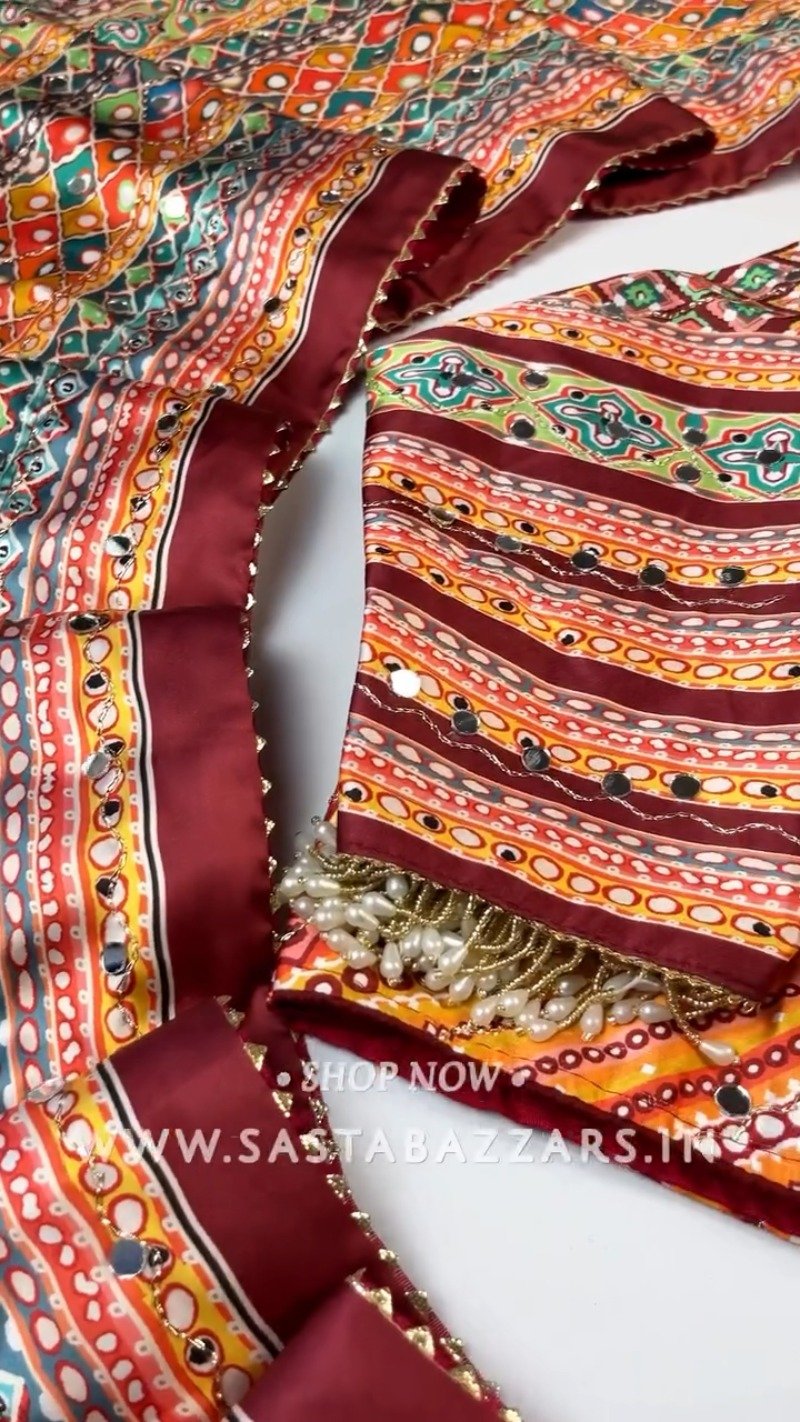 Bandhani-Inspired Mirror Work Ethnic Set with Pearl Embellishments – Available in Vibrant Multicolour & Deep Maroon