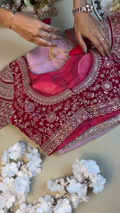 Enchanting Lilac Organza Saree & Maroon Velvet Blouse Set – Available in Lilac & Maroon