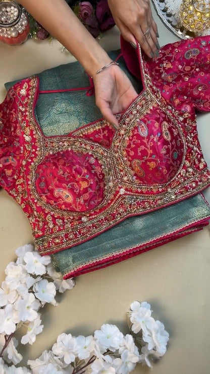 Opulent Paisley-Embroidered Silk Saree with Contrast Handcrafted Blouse – Available in Fuchsia & Teal Blue