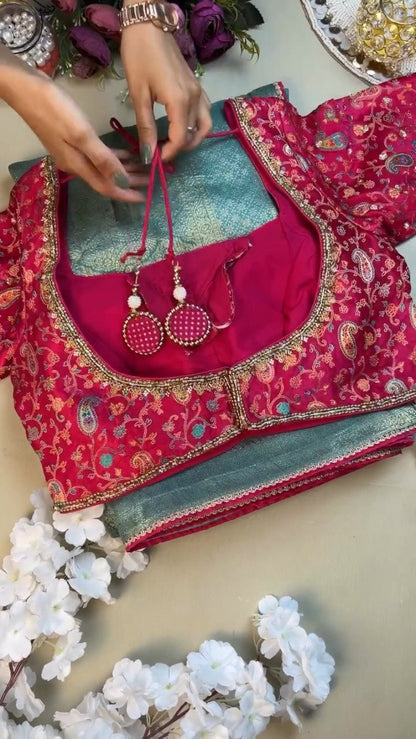 Opulent Paisley-Embroidered Silk Saree with Contrast Handcrafted Blouse – Available in Fuchsia & Teal Blue