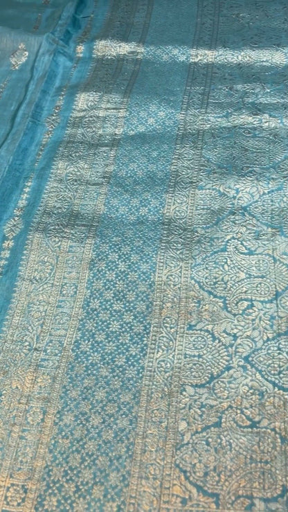Opulent Paisley-Embroidered Silk Saree with Contrast Handcrafted Blouse – Available in Fuchsia & Teal Blue