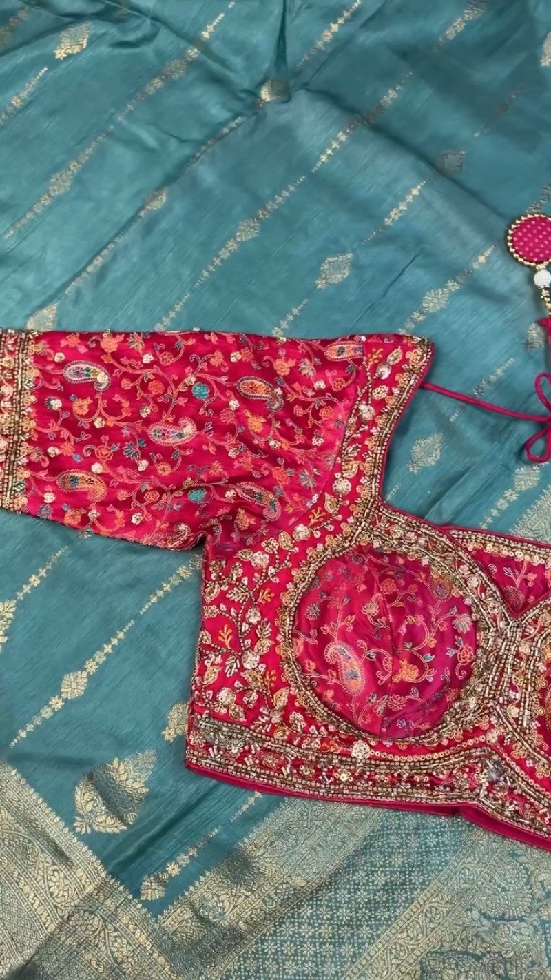 Opulent Paisley-Embroidered Silk Saree with Contrast Handcrafted Blouse – Available in Fuchsia & Teal Blue