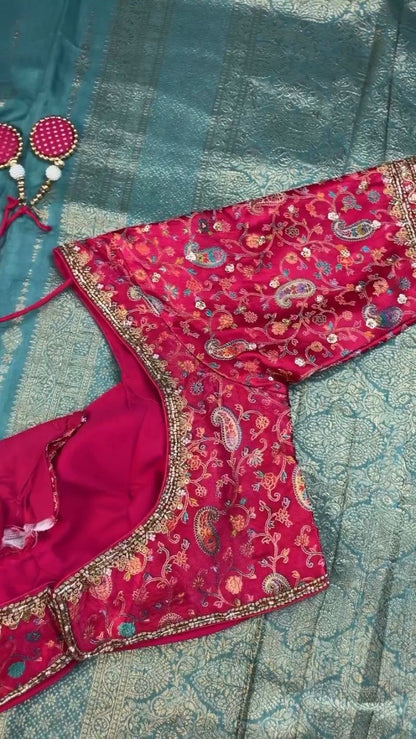 Opulent Paisley-Embroidered Silk Saree with Contrast Handcrafted Blouse – Available in Fuchsia & Teal Blue