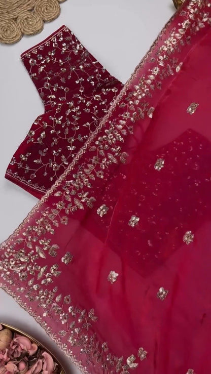 Elegant Embellished Chiffon Saree with Sequin-Work Blouse – Available in Ivory & Deep Crimson