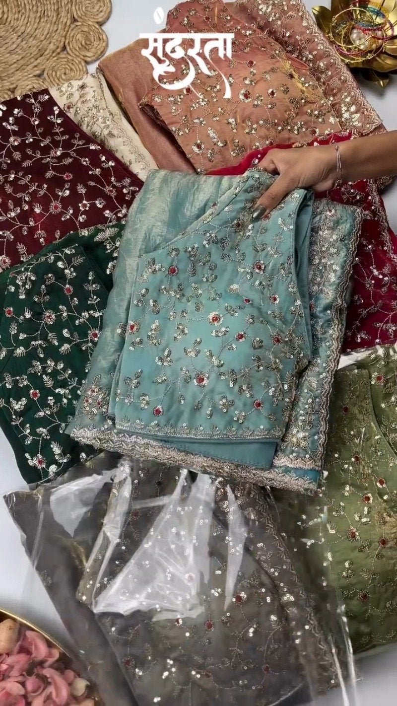 Elegant Embellished Chiffon Saree with Sequin-Work Blouse – Available in Ivory & Deep Crimson