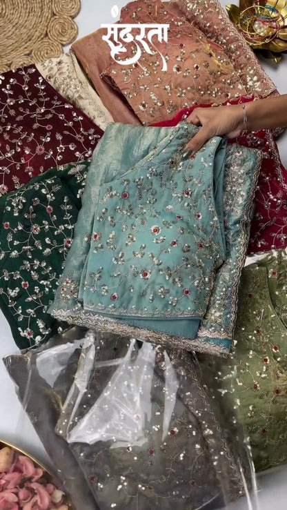 Elegant Embellished Chiffon Saree with Sequin-Work Blouse – Available in Ivory & Deep Crimson