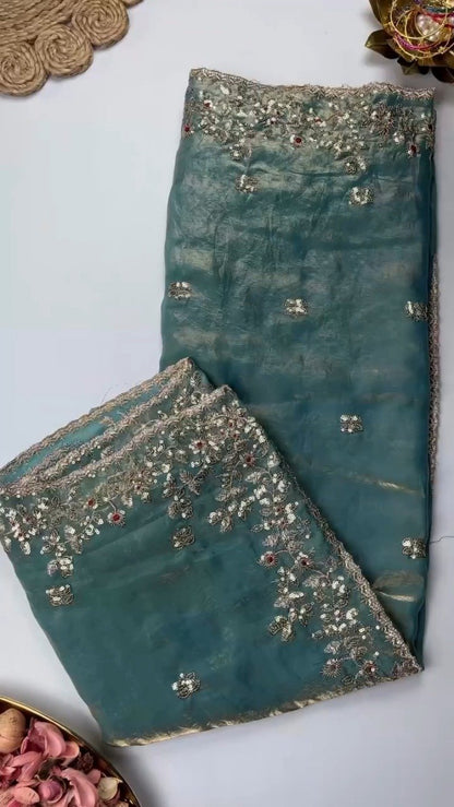 Elegant Embellished Chiffon Saree with Sequin-Work Blouse – Available in Ivory & Deep Crimson