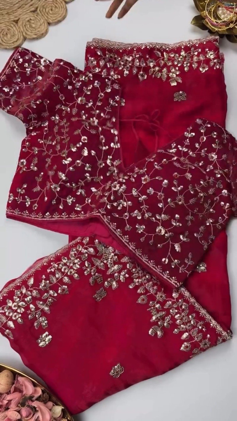 Elegant Embellished Chiffon Saree with Sequin-Work Blouse – Available in Ivory & Deep Crimson