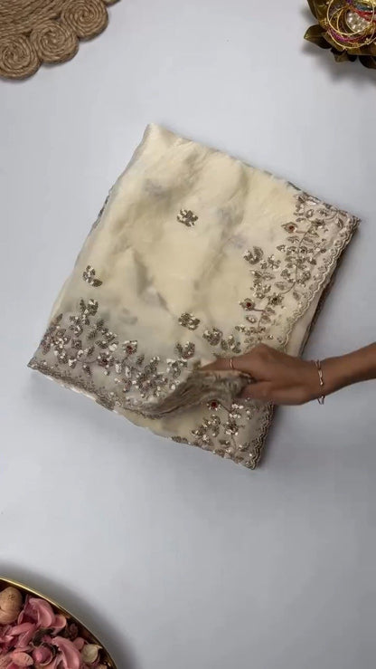 Elegant Embellished Chiffon Saree with Sequin-Work Blouse – Available in Ivory & Deep Crimson