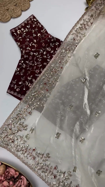 Elegant Embellished Chiffon Saree with Sequin-Work Blouse – Available in Ivory & Deep Crimson