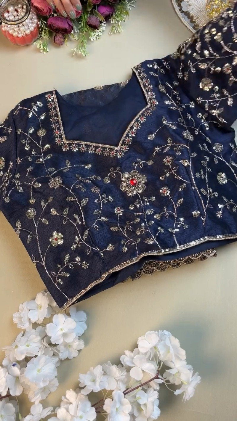 Midnight Navy Luxe Embroidered Silk Saree Set