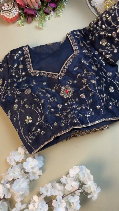 Midnight Navy Luxe Embroidered Silk Saree Set