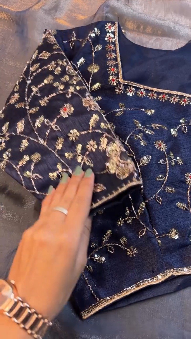 Midnight Navy Luxe Embroidered Silk Saree Set