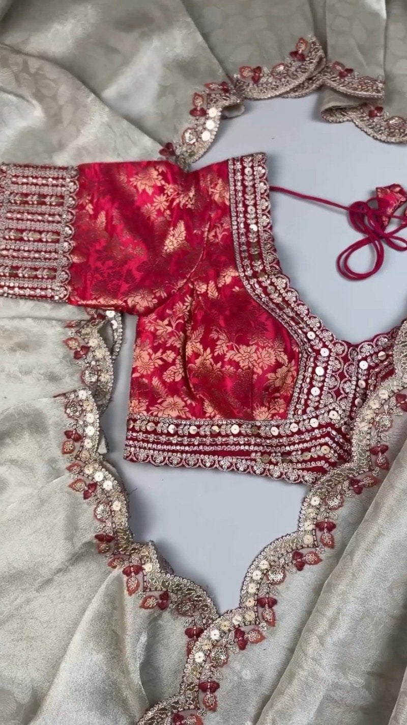 Red Brocade Blouse with Scalloped Sequin Border Saree